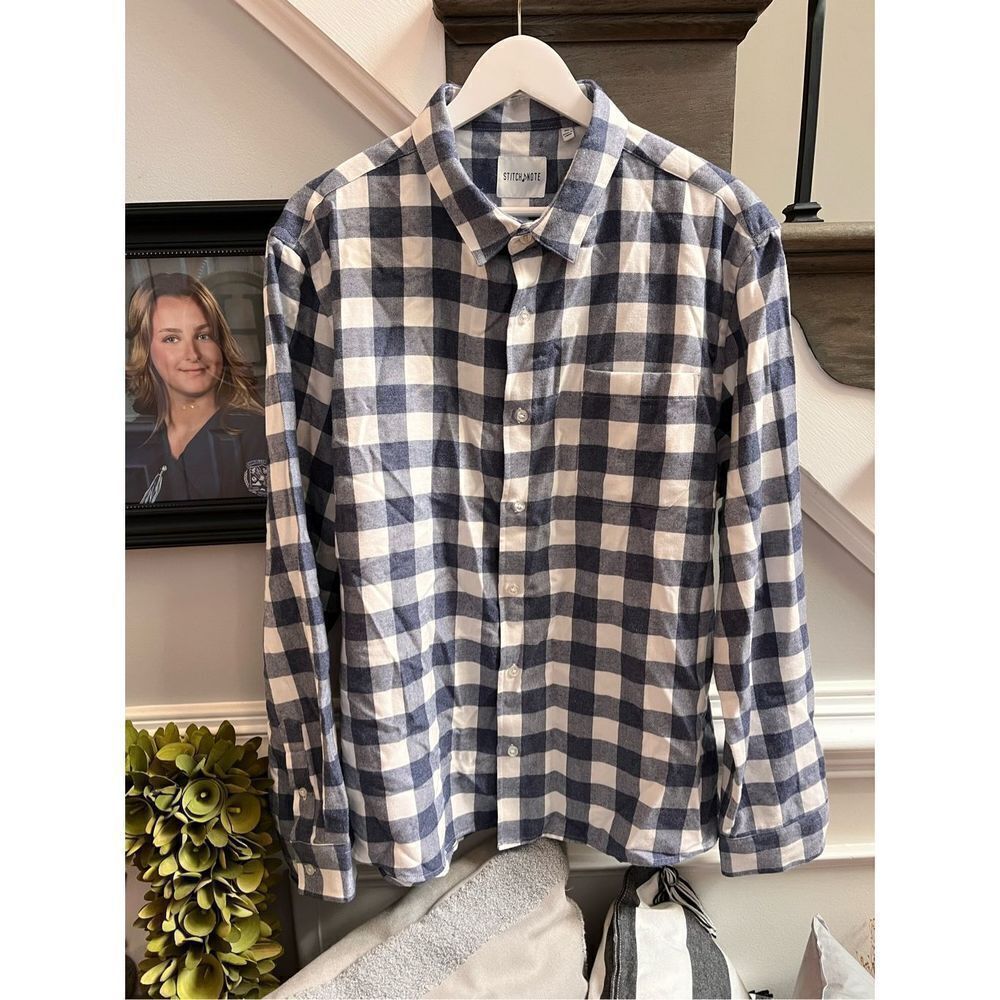 Stitch Note Blue & White Buffalo Check Plaid Flannel Button Down Shirt sz XL EUC
